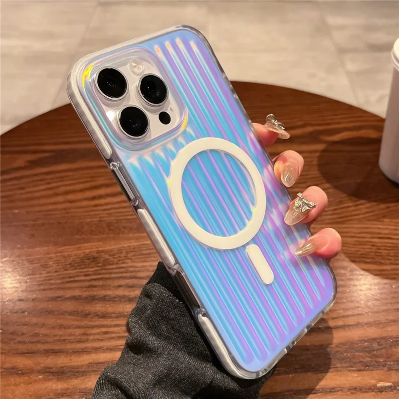 For iPhone 16 Pro Max Magnetic Case Dazzling Gradient Color PC + TPU Phone Back Cover Corrugated Design - Blue Light