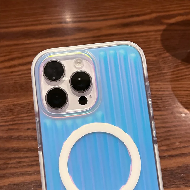 For iPhone 16 Pro Max Magnetic Case Dazzling Gradient Color PC + TPU Phone Back Cover Corrugated Design - Blue Light