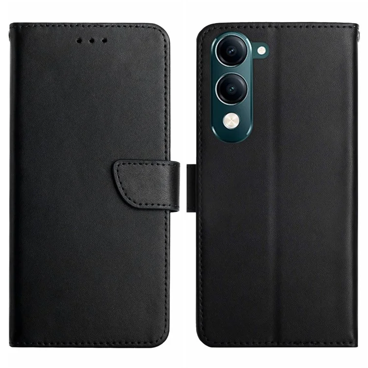 Para vivo Y04 4G / Y29s 5G Capa de Couro Genuíno de Vaca para Celular Textura Nappa - Preto