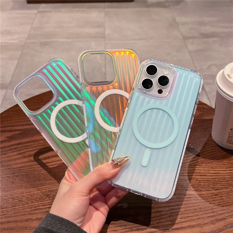 For iPhone 16 Pro Magnetic Case Dazzling Gradient Color PC + TPU Phone Back Cover Corrugated Design - Blue Light
