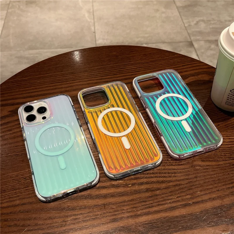 For iPhone 16 Pro Magnetic Case Dazzling Gradient Color PC + TPU Phone Back Cover Corrugated Design - Blue Light
