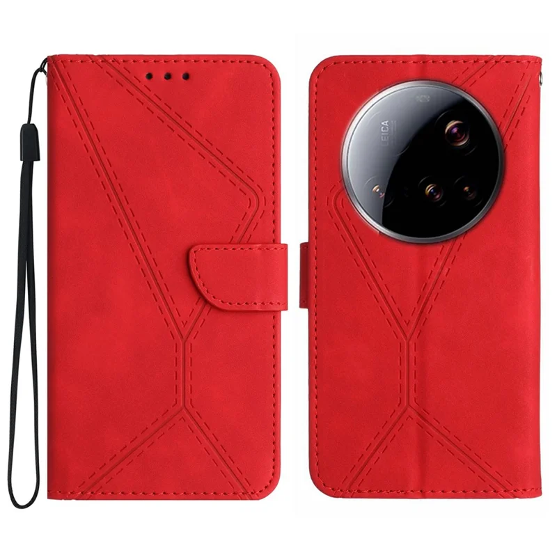 For Xiaomi 15 Ultra Case Skin Touch Lines Imprinted PU Leather Flip Phone Cover - Red