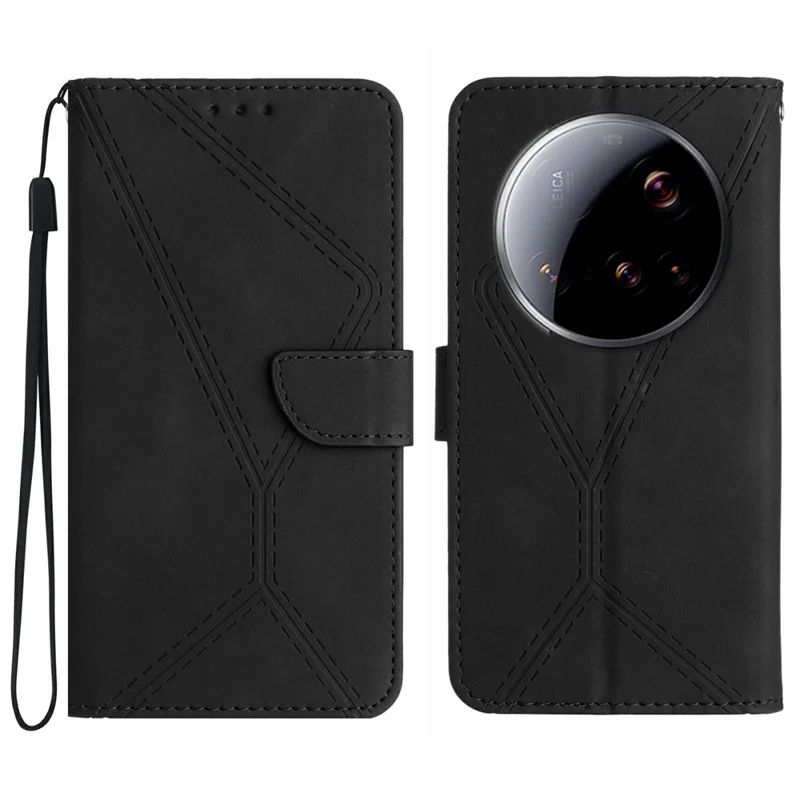 For Xiaomi 15 Ultra Case Skin Touch Lines Imprinted PU Leather Flip Phone Cover - Black