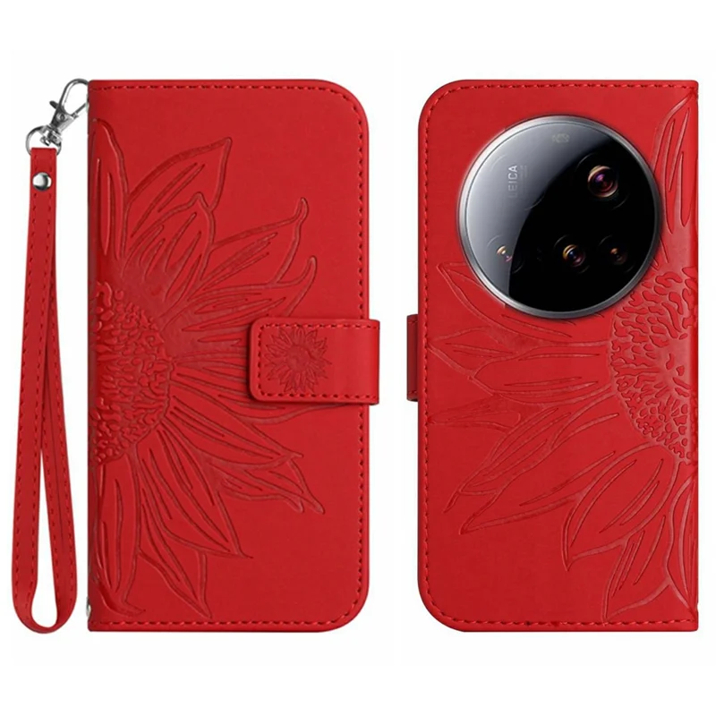 Voor Xiaomi 15 Ultra hoesje met zonnebloemprint Lederen portemonnee telefoonhoes met polsbandje - Rood
