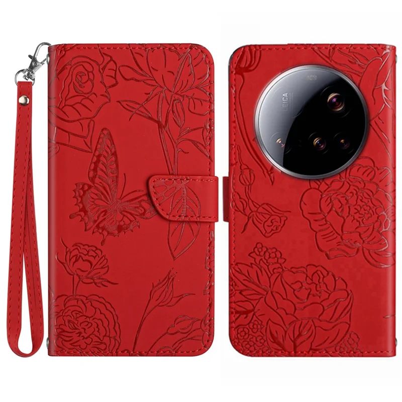 Xiaomi 15 Ultra hoesje met vlinder- en bloemenmotief in leer met riempje - Rood