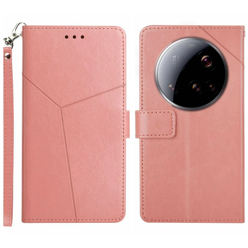 Xiaomi 15 Ultra taske med håndbånd og præg af Y-formede linjer i læder - Lyserød