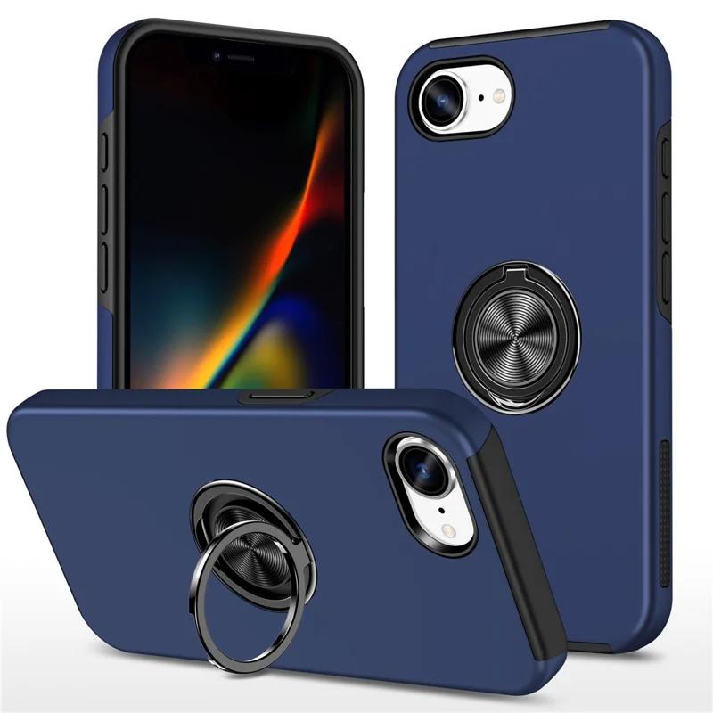 For iPhone 17e / 16e Case PC + TPU Phone Cover with Rotatable Ring Holder - Blue