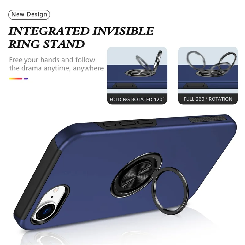 For iPhone 17e / 16e Case PC + TPU Phone Cover with Rotatable Ring Holder - Blue