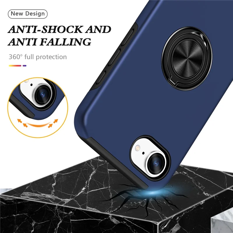 For iPhone 17e / 16e Case PC + TPU Phone Cover with Rotatable Ring Holder - Blue