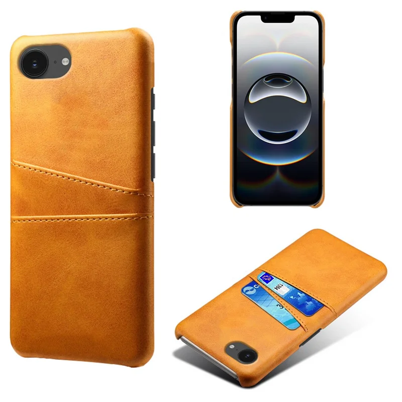 For iPhone 16e Case Dual Card Slots PU Leather + Hard PC Phone Cover - Orange