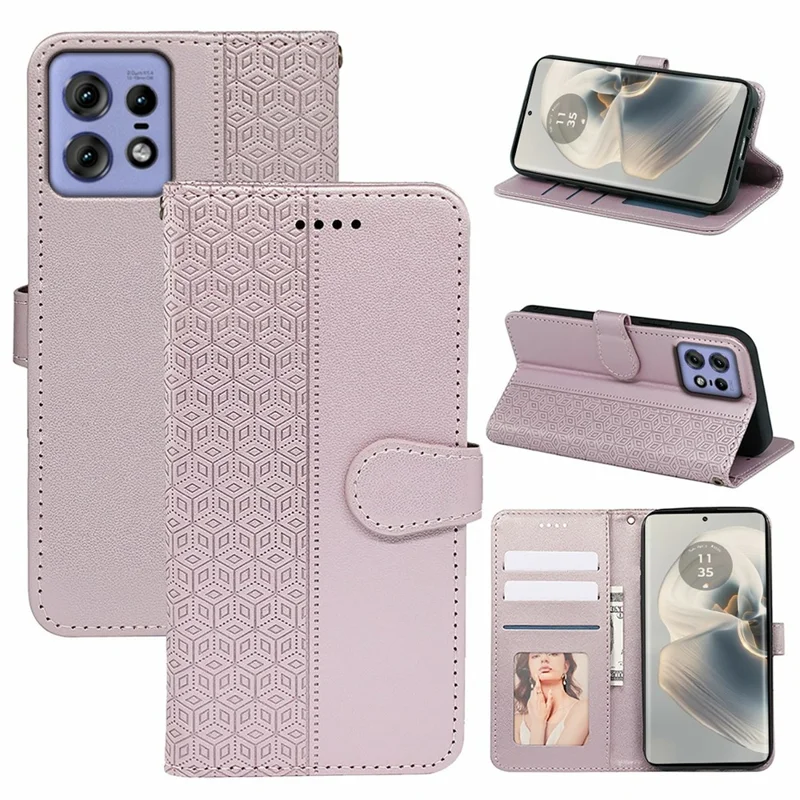 For Motorola Edge 50 Pro 5G / Edge 50s Pro 5G Case Anti Scratch Splicing Imprinted Rhombus Leather Phone Cover - Rose Gold