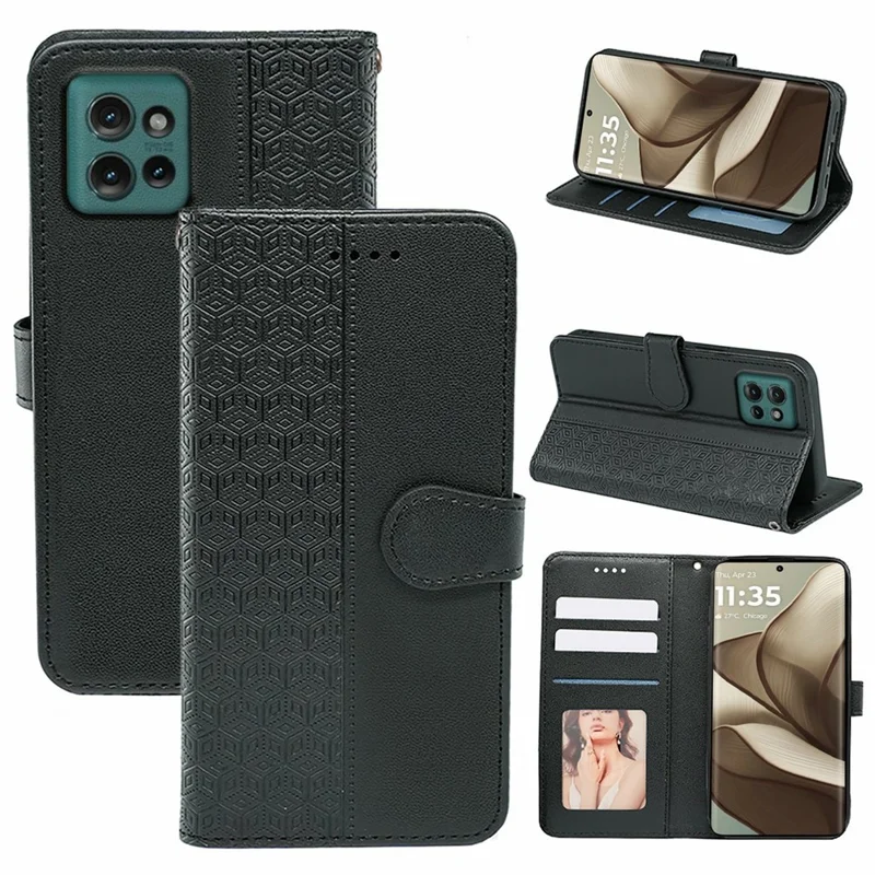 For Motorola Edge 50 5G Case Anti Scratch Splicing Imprinted Rhombus Leather Phone Cover - Black