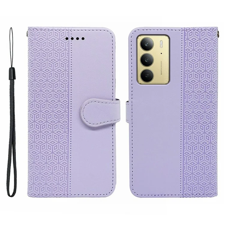 Para Realme C75 Capa Anti Arranhões Revestimento de Couro Estampado com Losango - Roxo