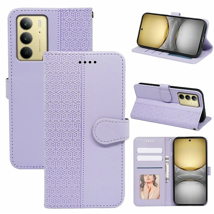 Para Realme C75 Capa Anti Arranhões Revestimento de Couro Estampado com Losango - Roxo