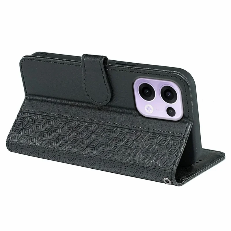 For Oppo Reno13 5G (Global) Case Anti Scratch Splicing Imprinted Rhombus Leather Phone Cover - Black