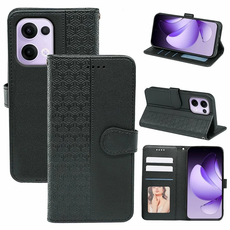 For Oppo Reno13 5G (Global) Case Anti Scratch Splicing Imprinted Rhombus Leather Phone Cover - Black