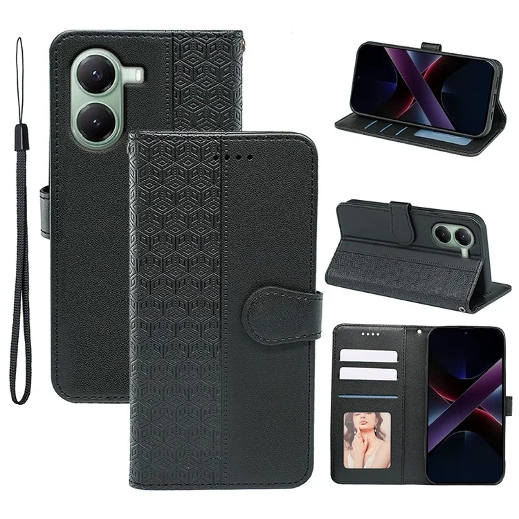 For Xiaomi Redmi Turbo 4 5G / Poco X7 Pro 5G Case Anti Scratch Splicing Imprinted Rhombus Leather Phone Cover - Black