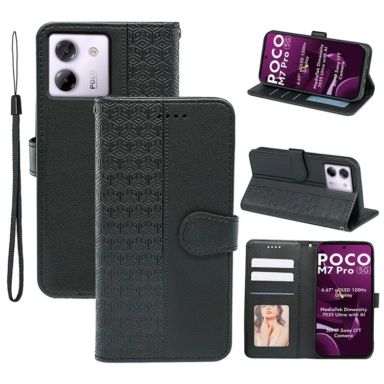 For Xiaomi Poco M7 Pro 5G Case Anti Scratch Splicing Imprinted Rhombus Leather Phone Cover - Black