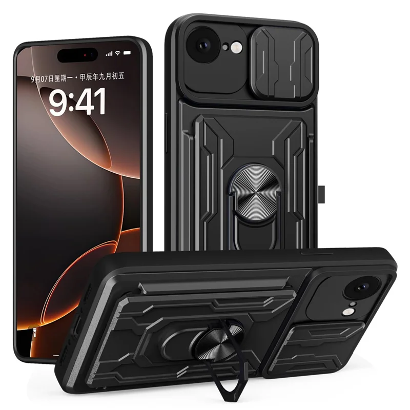 For iPhone 16e Case PC + TPU Kickstand Phone Back Cover with Camera Slider - Black