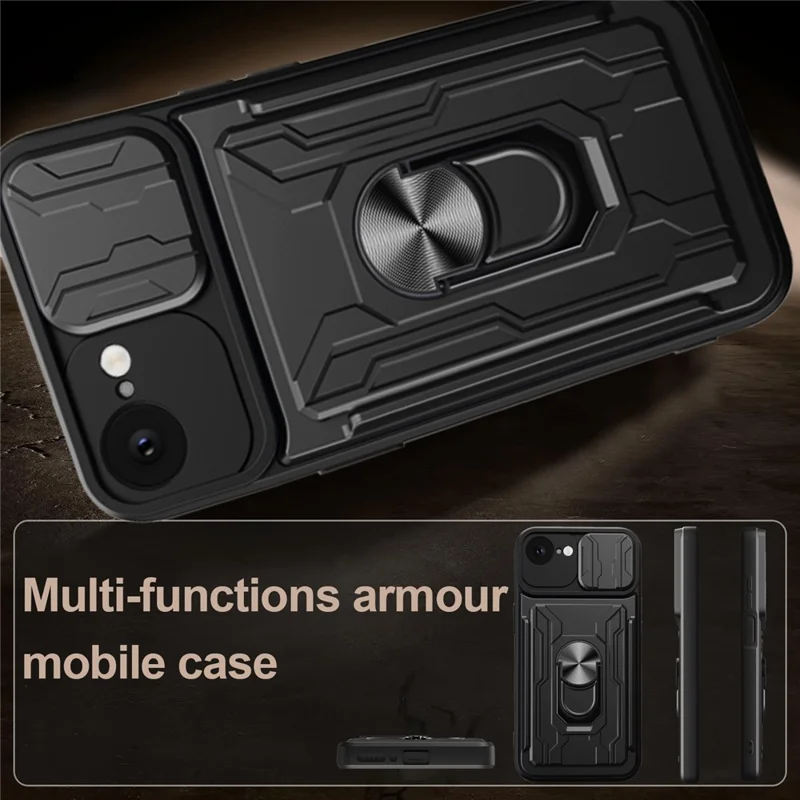 For iPhone 16e Case PC + TPU Kickstand Phone Back Cover with Camera Slider - Black