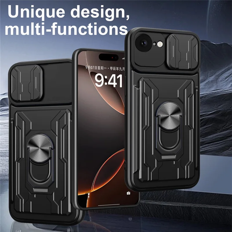 For iPhone 16e Case PC + TPU Kickstand Phone Back Cover with Camera Slider - Black