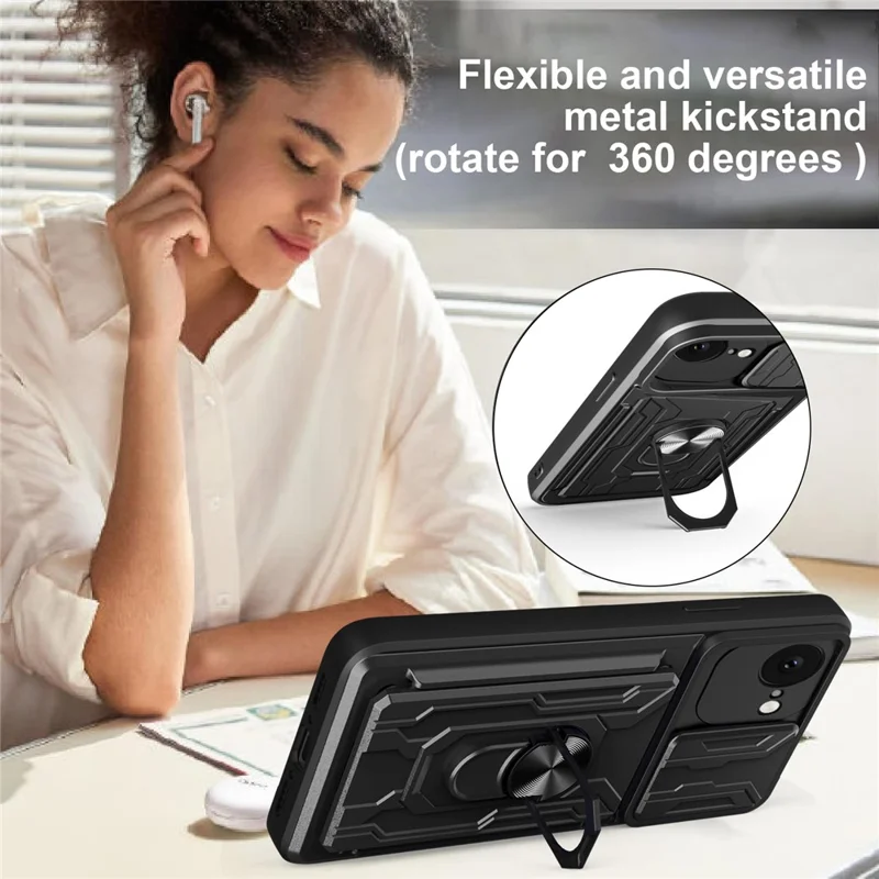 For iPhone 16e Case PC + TPU Kickstand Phone Back Cover with Camera Slider - Black