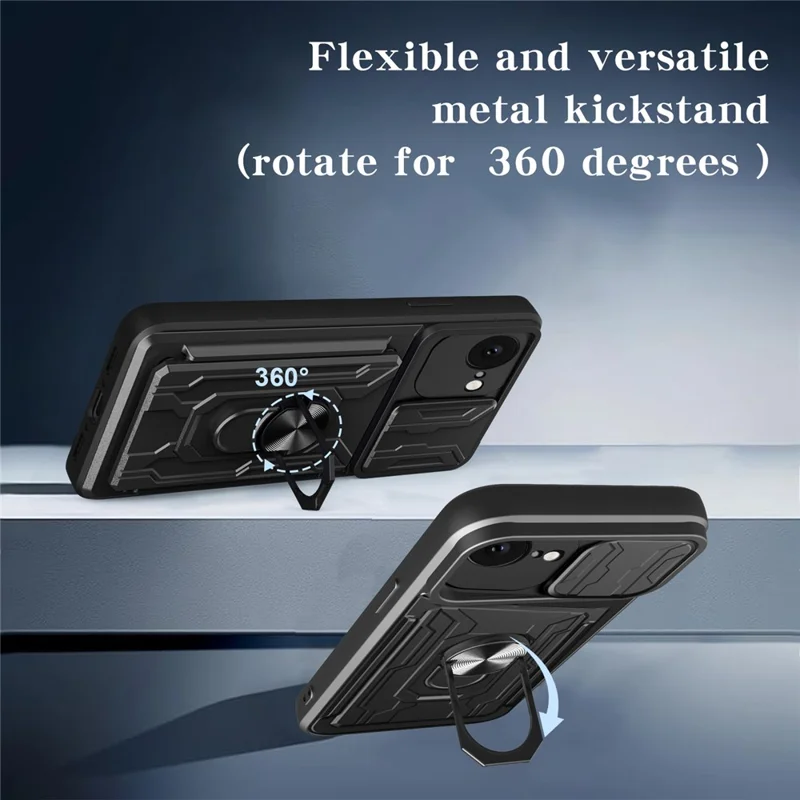 For iPhone 16e Case PC + TPU Kickstand Phone Back Cover with Camera Slider - Black