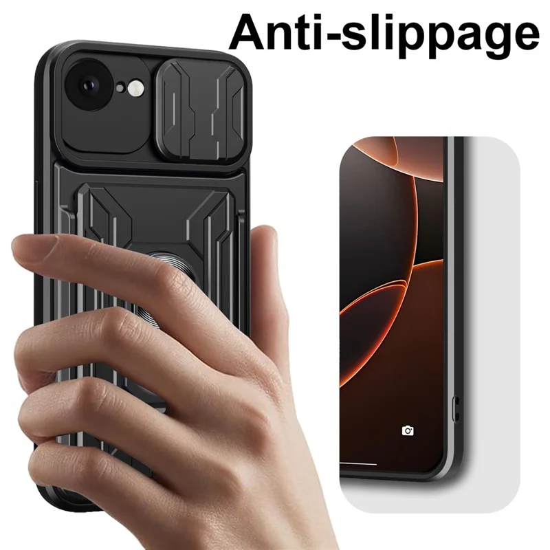 For iPhone 16e Case PC + TPU Kickstand Phone Back Cover with Camera Slider - Black