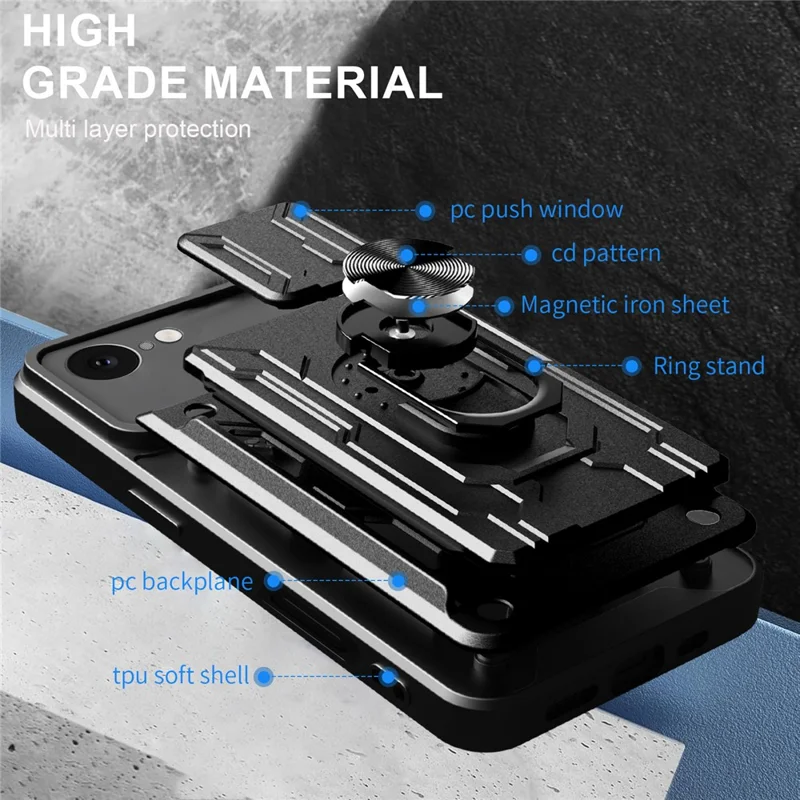 For iPhone 16e Case PC + TPU Kickstand Phone Back Cover with Camera Slider - Black