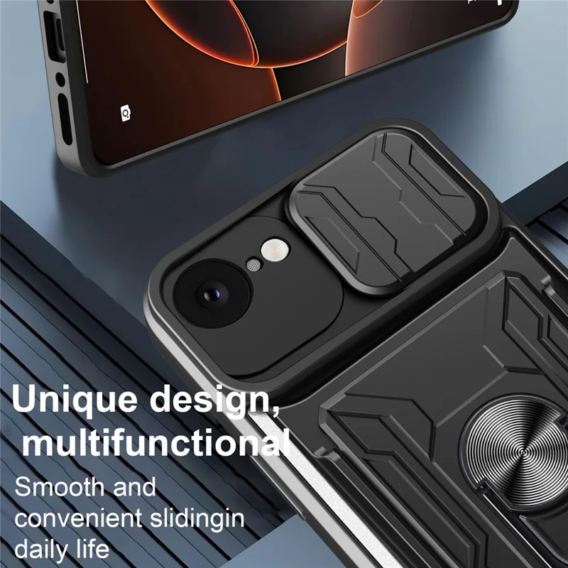 For iPhone 16e Case PC + TPU Kickstand Phone Back Cover with Camera Slider - Black