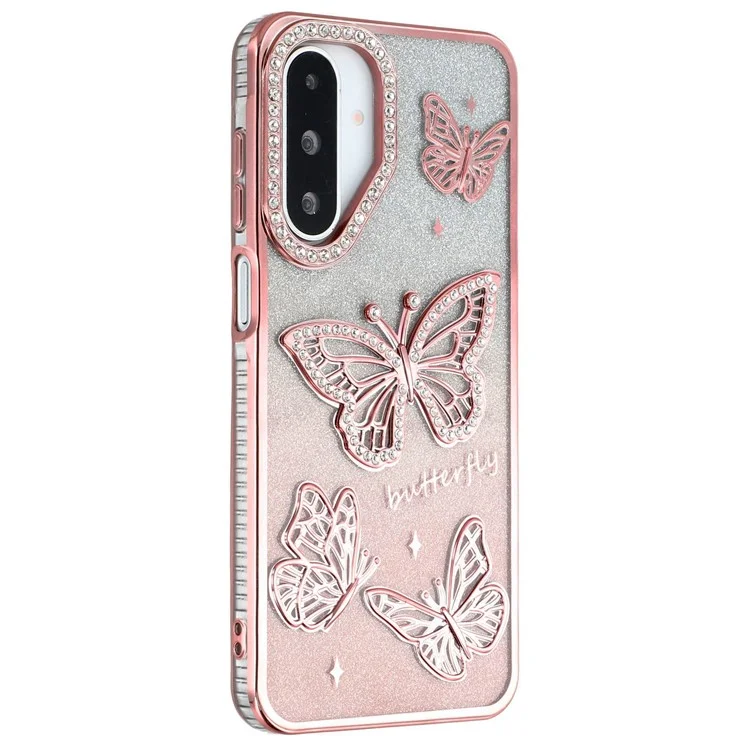 For Samsung Galaxy A26 5G Case Rhinestones Decor 3D Butterfly TPU Phone Cover with Glitter Paper - Pink