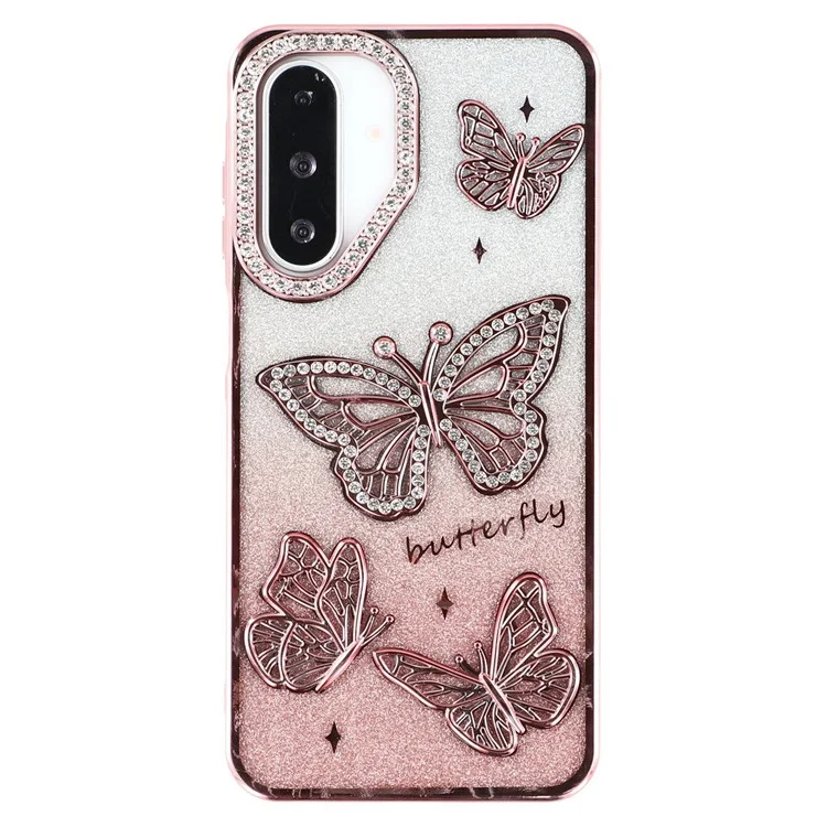 For Samsung Galaxy A26 5G Case Rhinestones Decor 3D Butterfly TPU Phone Cover with Glitter Paper - Pink
