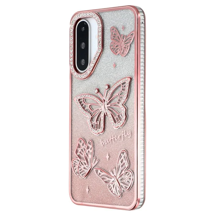 For Samsung Galaxy A26 5G Case Rhinestones Decor 3D Butterfly TPU Phone Cover with Glitter Paper - Pink