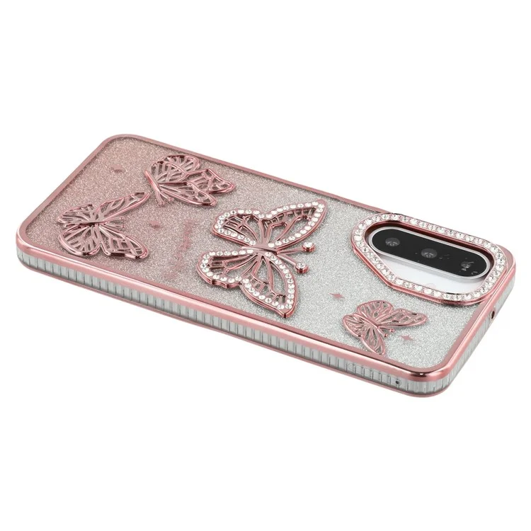 For Samsung Galaxy A26 5G Case Rhinestones Decor 3D Butterfly TPU Phone Cover with Glitter Paper - Pink