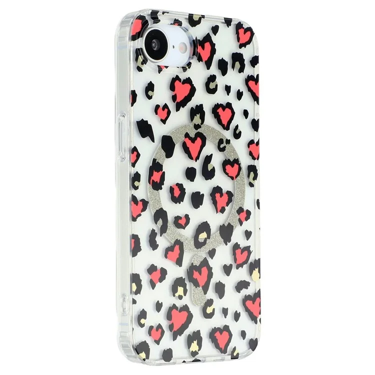 For iPhone 16e Magnetic Case Clear Anti-Yellowing PC + TPU Phone Back Cover Leopard Print Design - Red