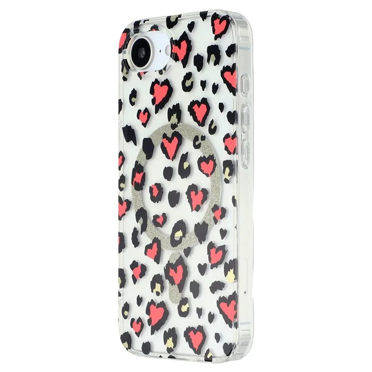 For iPhone 16e Magnetic Case Clear Anti-Yellowing PC + TPU Phone Back Cover Leopard Print Design - Red