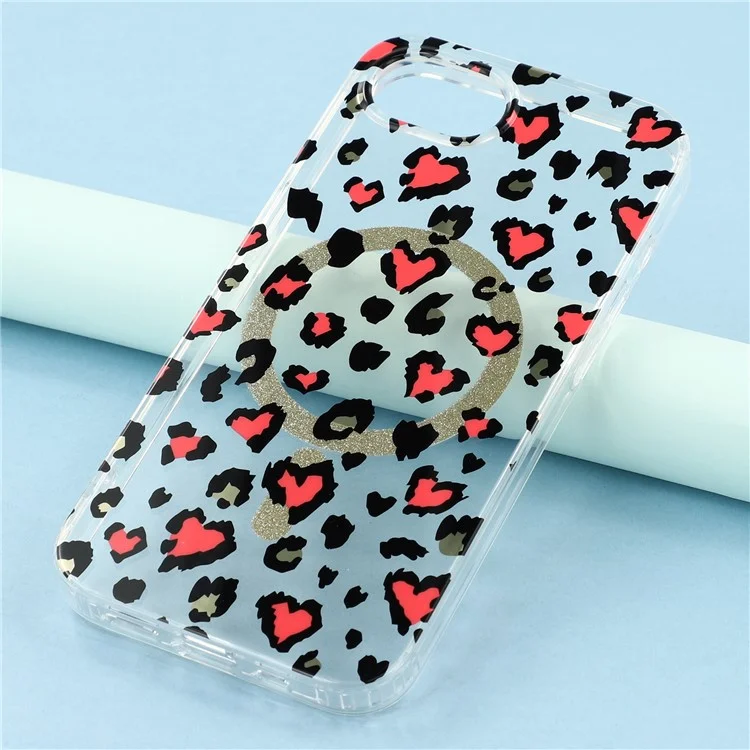 For iPhone 16e Magnetic Case Clear Anti-Yellowing PC + TPU Phone Back Cover Leopard Print Design - Red