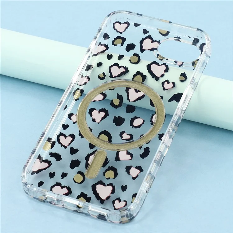 For iPhone 16e Magnetic Case Clear Anti-Yellowing PC + TPU Phone Back Cover Leopard Print Design - Red