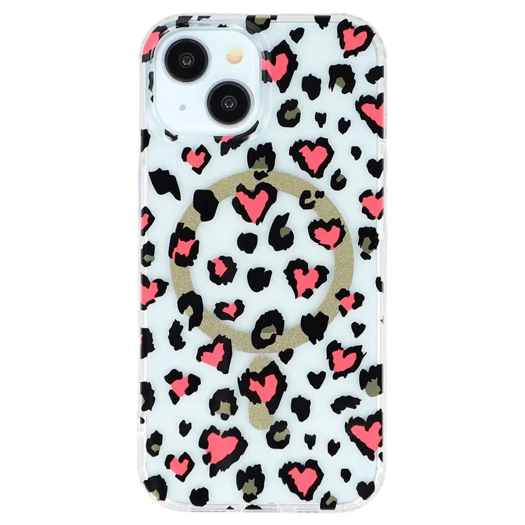 For iPhone 15 Magnetic Case Clear Anti-Yellowing PC + TPU Phone Back Cover Leopard Print Design - Red
