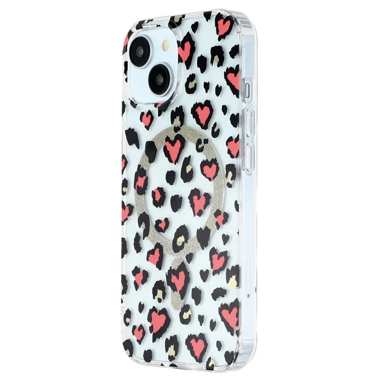 For iPhone 15 Magnetic Case Clear Anti-Yellowing PC + TPU Phone Back Cover Leopard Print Design - Red