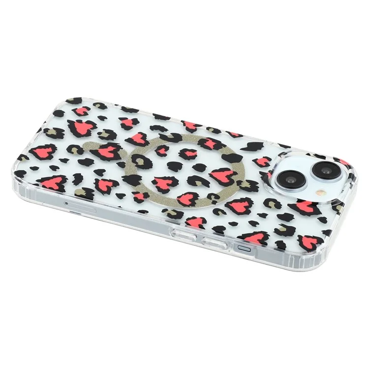 For iPhone 15 Magnetic Case Clear Anti-Yellowing PC + TPU Phone Back Cover Leopard Print Design - Red