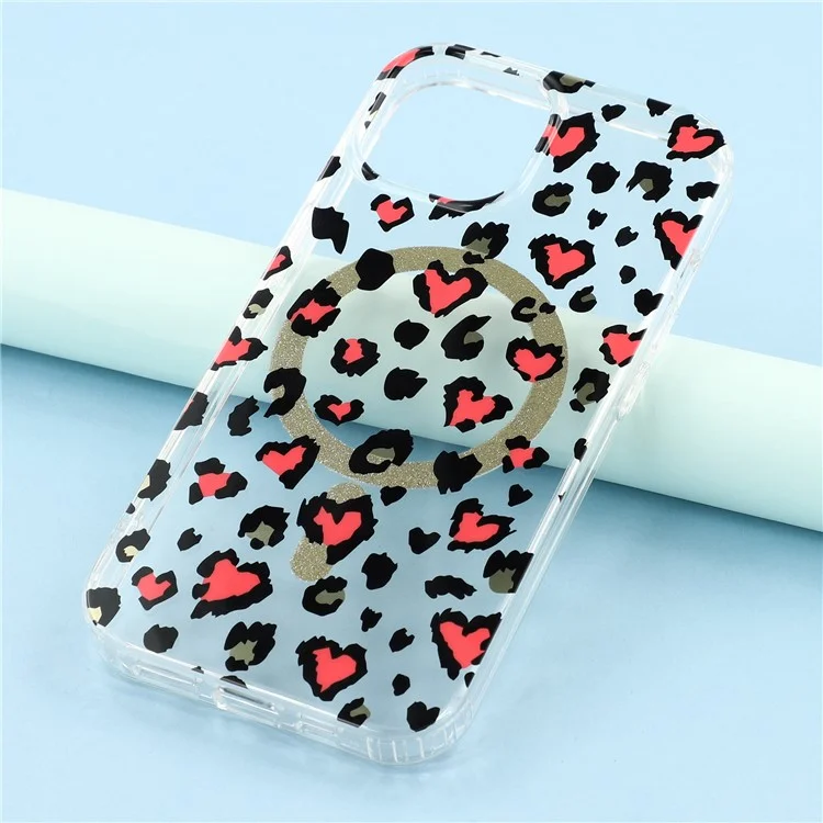 For iPhone 15 Magnetic Case Clear Anti-Yellowing PC + TPU Phone Back Cover Leopard Print Design - Red