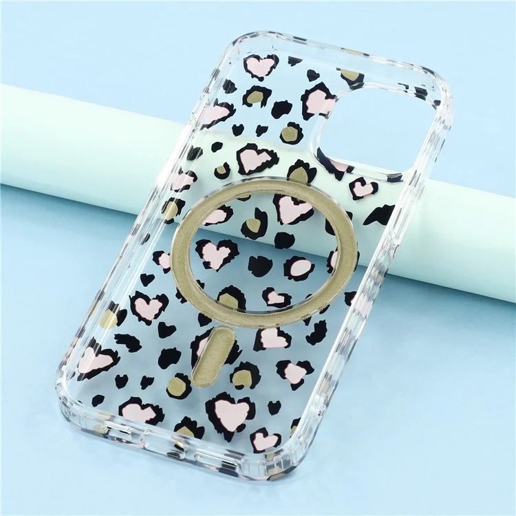 For iPhone 15 Magnetic Case Clear Anti-Yellowing PC + TPU Phone Back Cover Leopard Print Design - Red