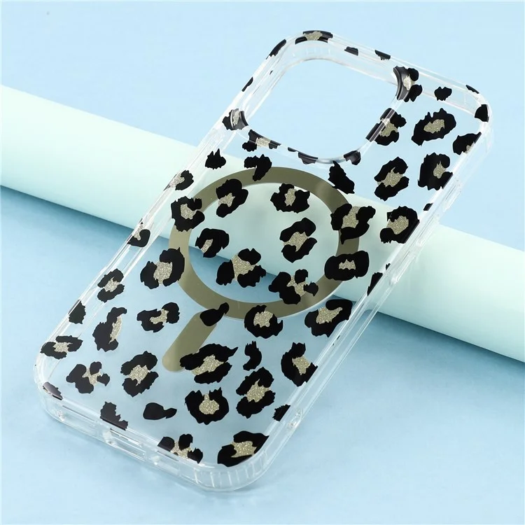 Für iPhone 16 Pro Max Magnetische Hülle Durchsichtig Vergilbungsschutz PC + TPU Handyrückseite Leopardenmuster Design - Schwarz