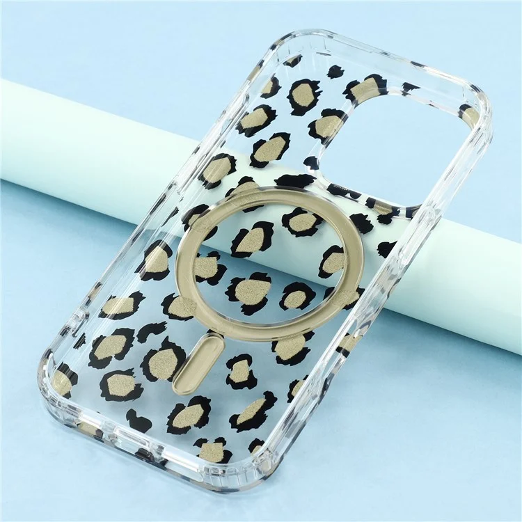 Für iPhone 16 Pro Max Magnetische Hülle Durchsichtig Vergilbungsschutz PC + TPU Handyrückseite Leopardenmuster Design - Schwarz