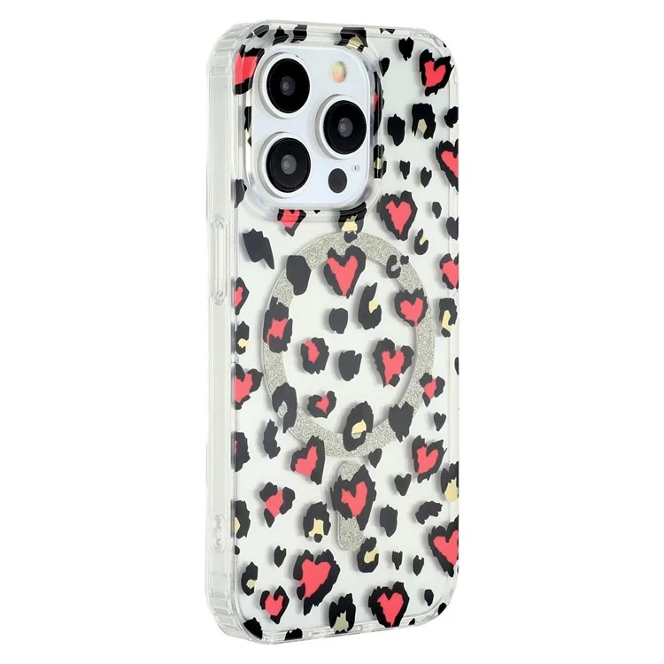 For iPhone 15 Pro Max Magnetic Case Clear Anti-Yellowing PC + TPU Phone Back Cover Leopard Print Design - Red
