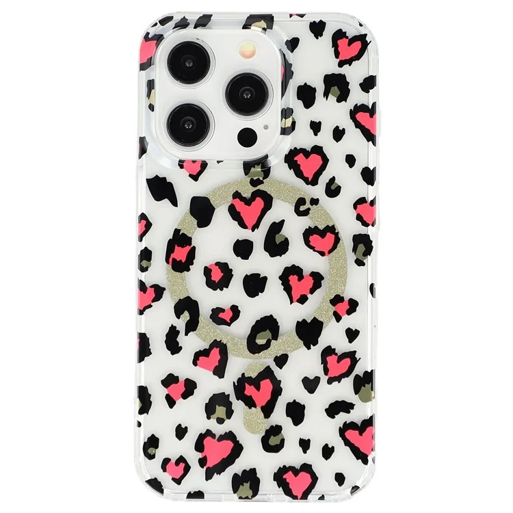 For iPhone 15 Pro Max Magnetic Case Clear Anti-Yellowing PC + TPU Phone Back Cover Leopard Print Design - Red