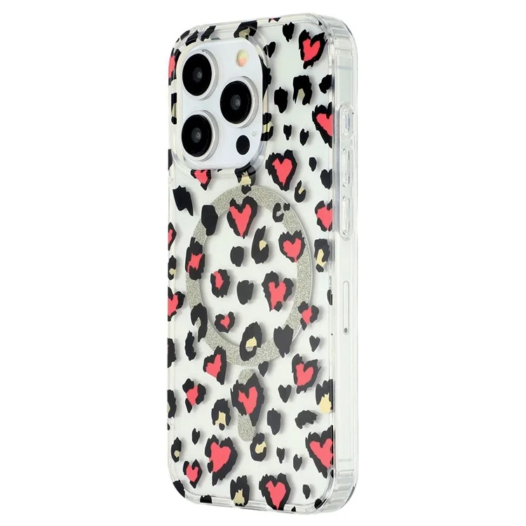 For iPhone 15 Pro Max Magnetic Case Clear Anti-Yellowing PC + TPU Phone Back Cover Leopard Print Design - Red