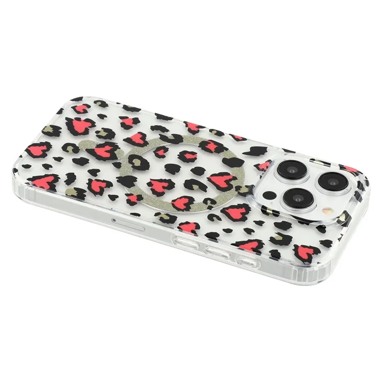 For iPhone 15 Pro Max Magnetic Case Clear Anti-Yellowing PC + TPU Phone Back Cover Leopard Print Design - Red