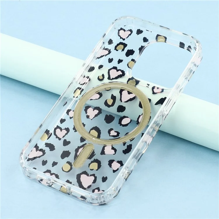 For iPhone 15 Pro Max Magnetic Case Clear Anti-Yellowing PC + TPU Phone Back Cover Leopard Print Design - Red